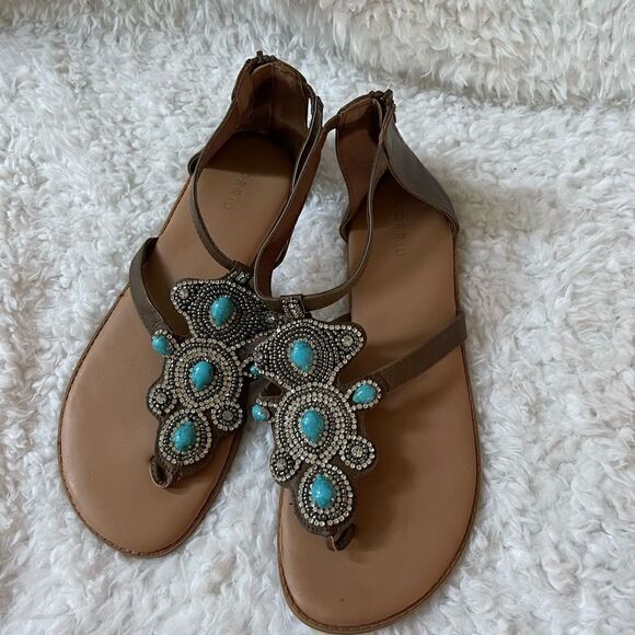 torrid Shoes - Torrid Brown T strap thong sandals turquoise & rhinestones accents size 13